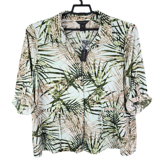 Womens Investments Tropical Leaf Print Blouse Shirt Button Up Roll Tab Sleeve XL - Picture 1 of 12